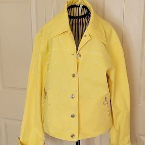 YELLOW Denim Jacket with White Embroidery Size Medium